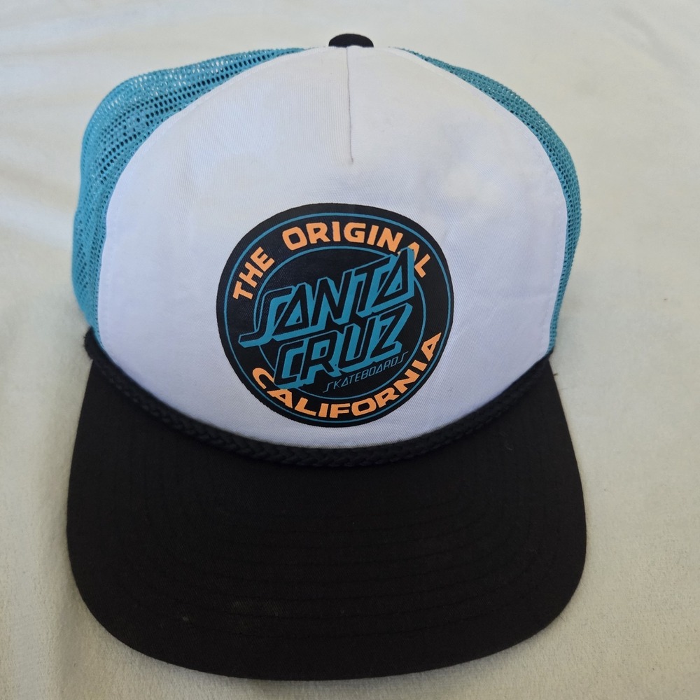 The original Santa Cruz Skateboards California snapback trucker hat teal/white/